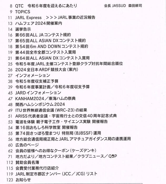 JARL NEWS “SPRING”号の目次