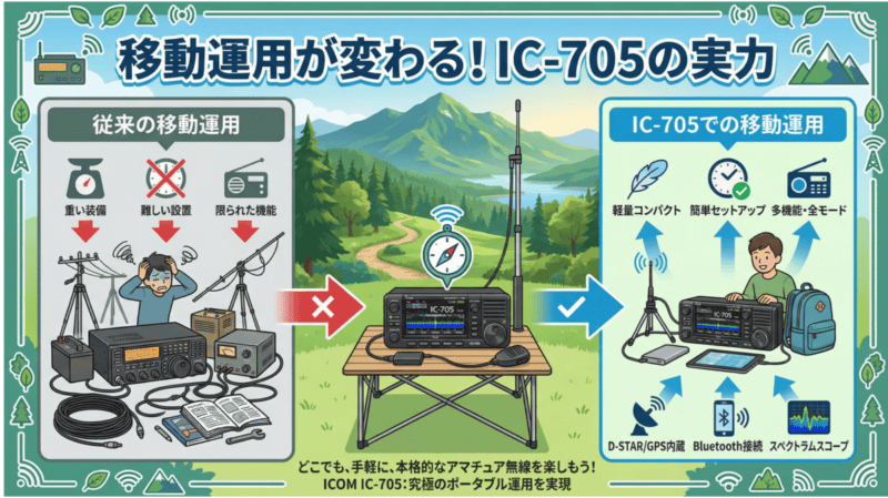 ICOM IC-705による移動運用の革新性を示す比較図