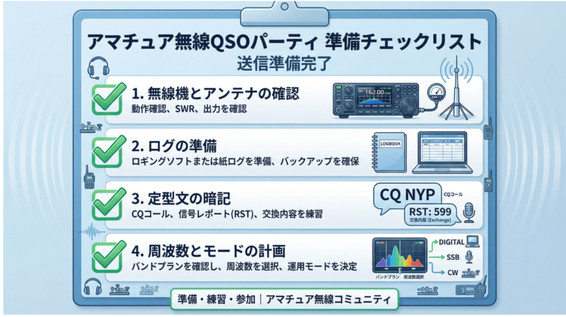 QSOパーティ参加準備チェックリスト 無線機・ログ・定型文・周波数の確認項目