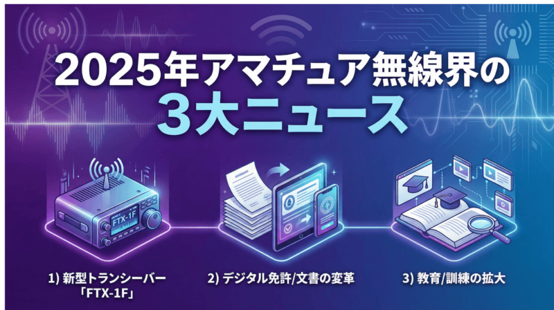 2025年アマチュア無線界の3大ニュースを示すインフォグラフィック。FTX-1F新型トランシーバー、デジタル免許状、教育訓練の拡大を図解
