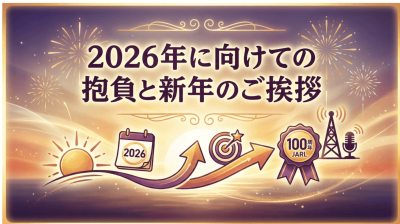 2026年への抱負と新年の挨拶を示すインフォグラフィック。朝日、カレンダー、目標、JARL100周年記念バッジを図解