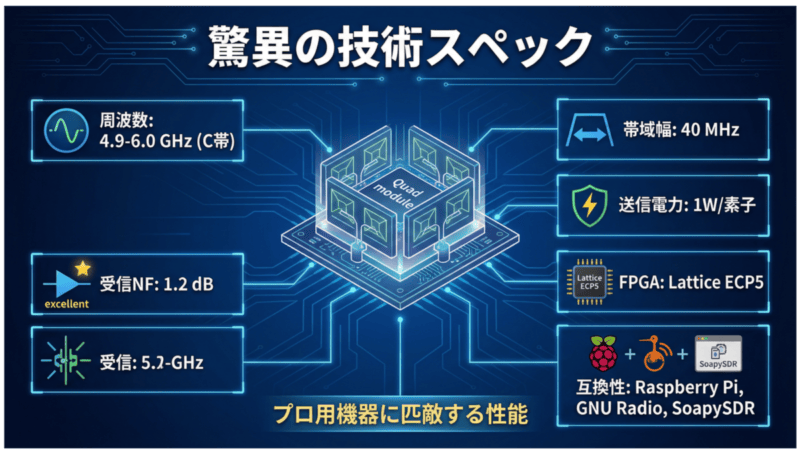  open.spaceの主要な技術仕様（周波数、帯域幅、NF値など）をまとめたインフォグラフィック