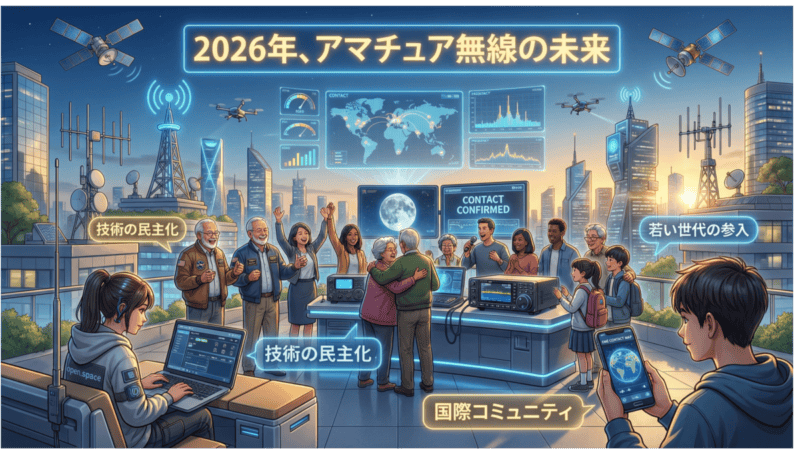 若い世代がアマチュア無線を楽しむ未来を描いたイメージ