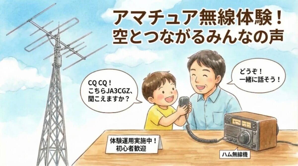 JA3CGZ局でアマチュア無線を体験する子どもと大人のイラスト