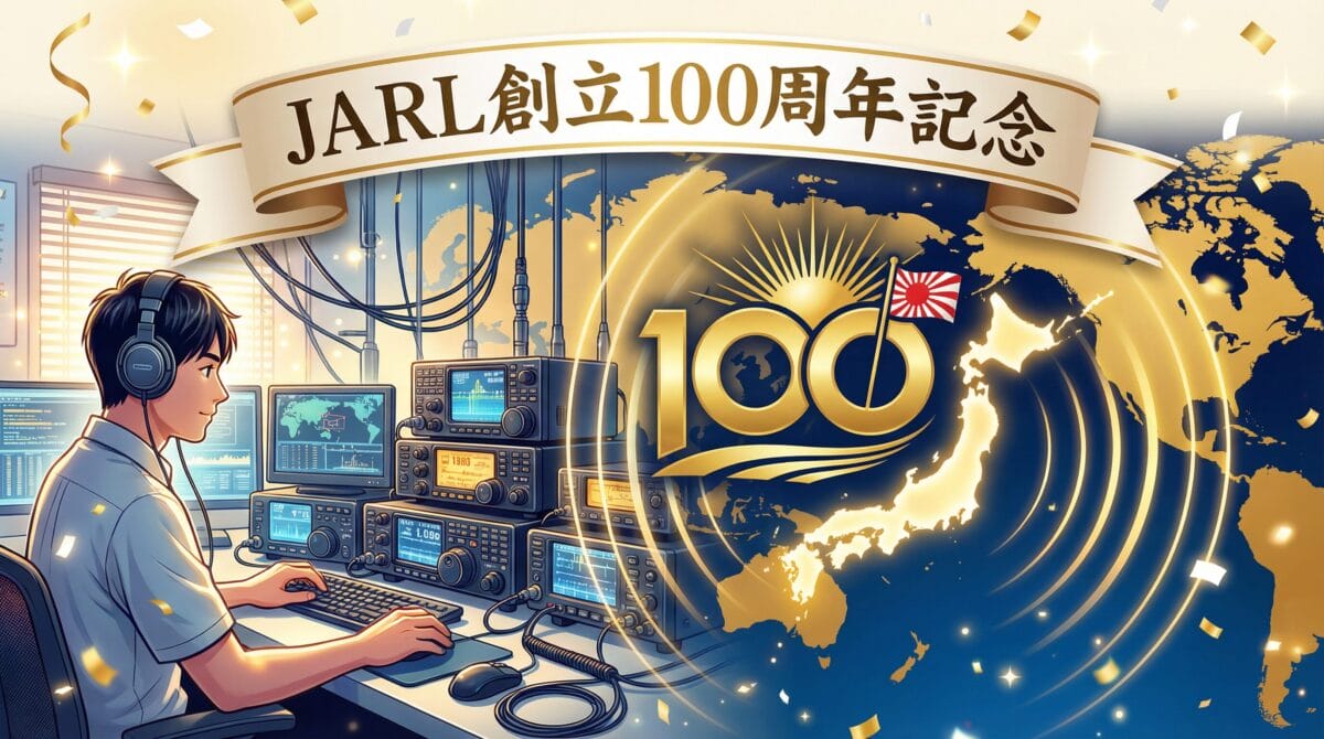 JARL創立100周年記念コンテスト・アワード特集のアイキャッチ画像。アマチュア無線と100周年記念を祝う祝賀イメージ。