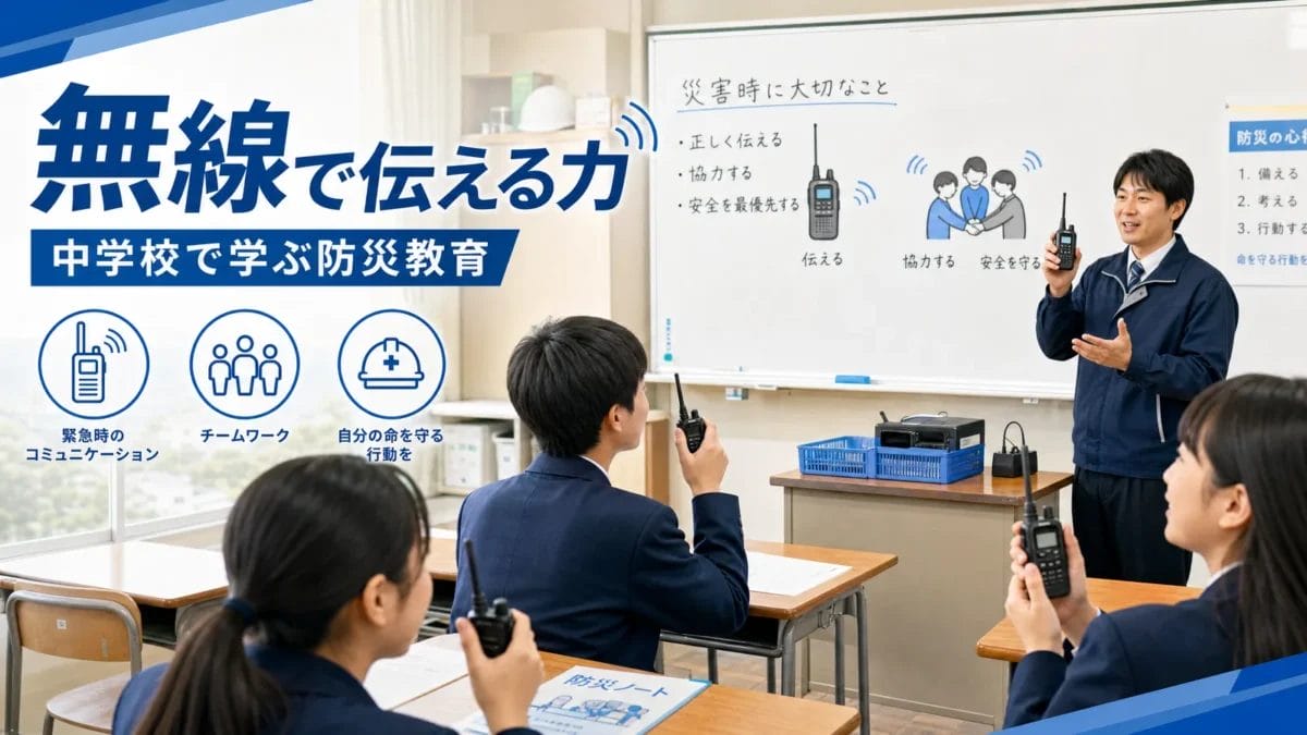 中学校の防災授業でトランシーバーを使って情報伝達を学ぶイメージ